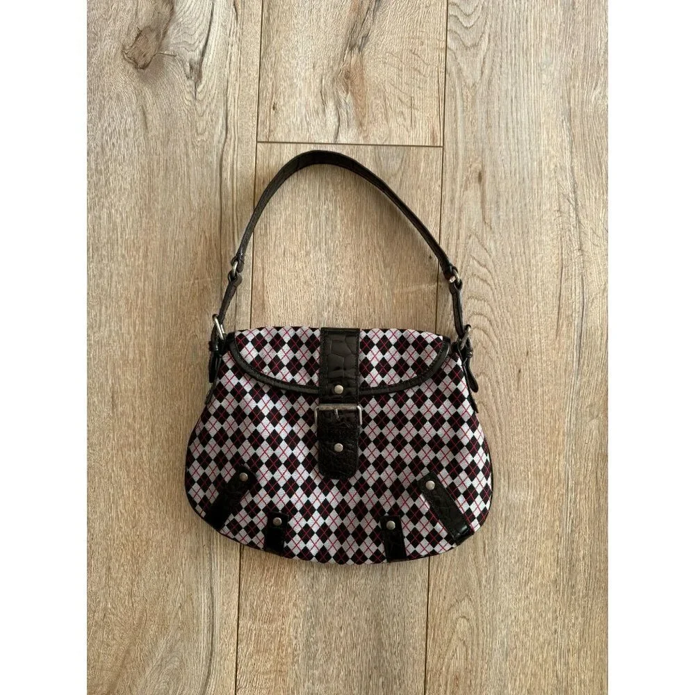 Vintage Cynthia Rowley Black Red White Argyle Plaid Silver Hardware Shoulder Bag